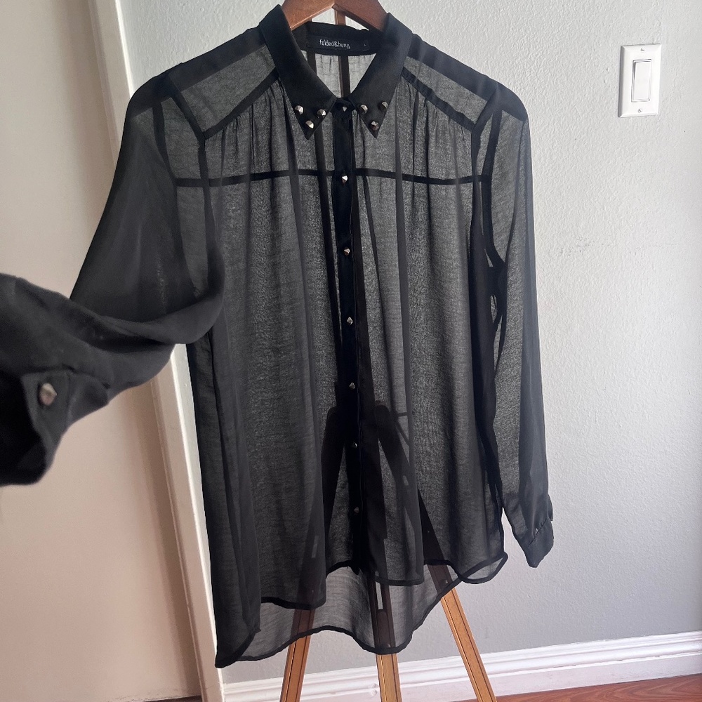 Black Sheer Button Up Shirt Stud Buttons Collar Embellished See Through Size L